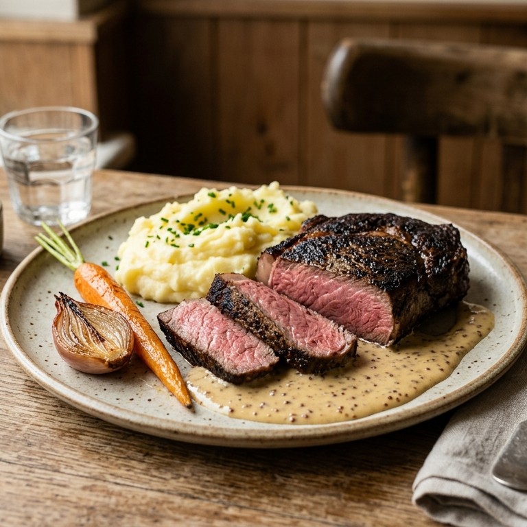 Entrecote met mosterdroom een aardappelpuree recept