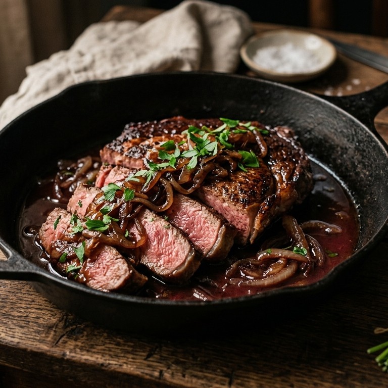 Entrecote met ui en peterselie in rode wijnsaus recept