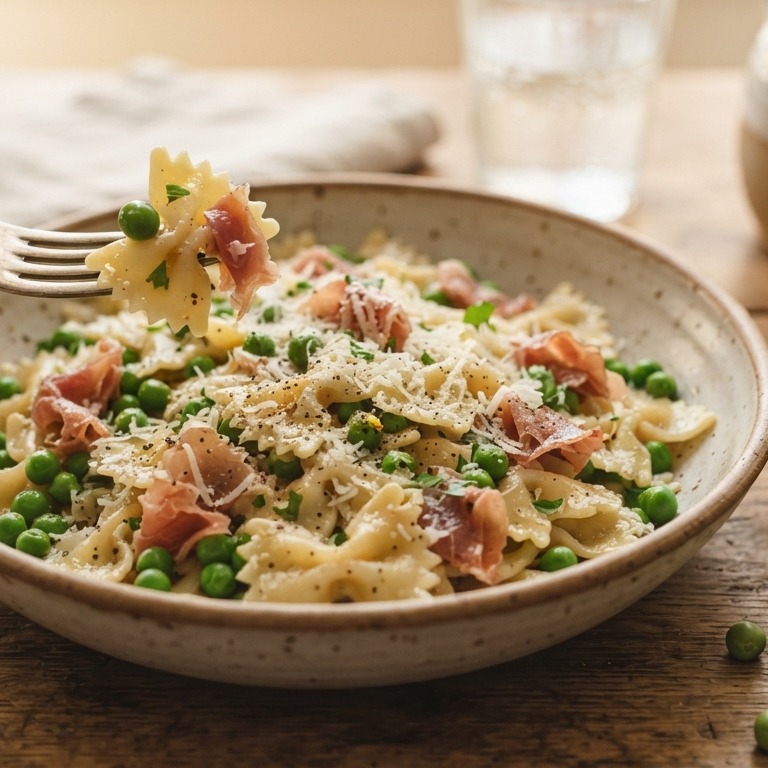 Farfalle met erwten en parmaham recept