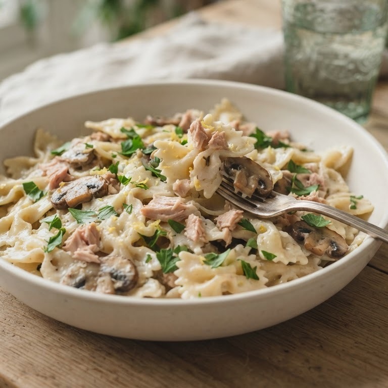 Farfalle met tonijn, champignons en room recept