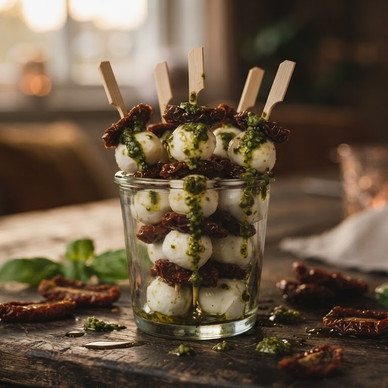 Feestelijke cocktailprikkers met pesto-mozzarella recept