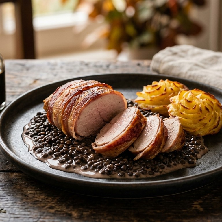 Filet van fazantborst in bacon met aardappel en linzen recept
