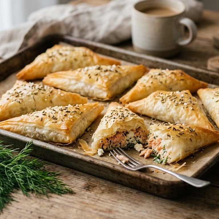 Filopakketjes met zalm, feta en dille recept