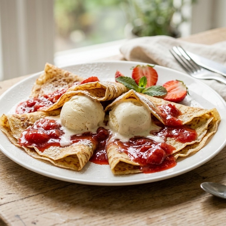 Flensjes met ijs en aardbeiensaus recept