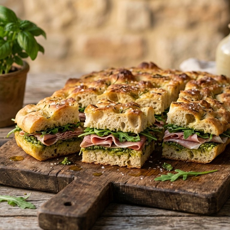 Focaccia met Italiaanse ham en verse pesto recept