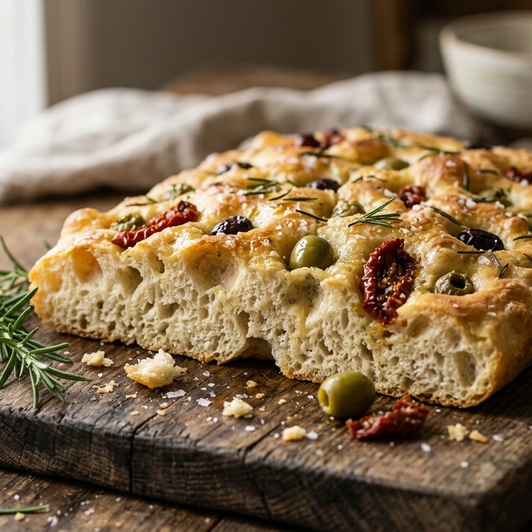Focaccia met olijven, zongedroogde tomaten en rozemarijn recept