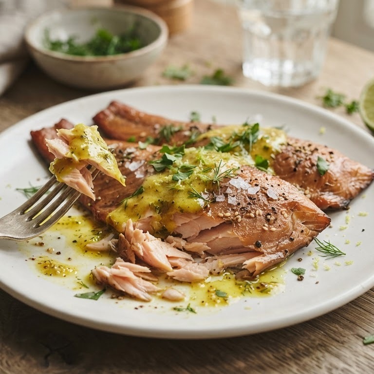 Forel gerookt met gember-kerrie-limoendressing recept