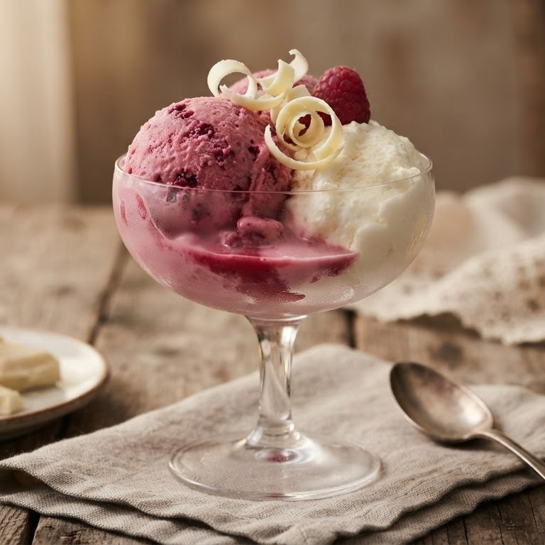 Frambozenijs met witte chocolademousse recept