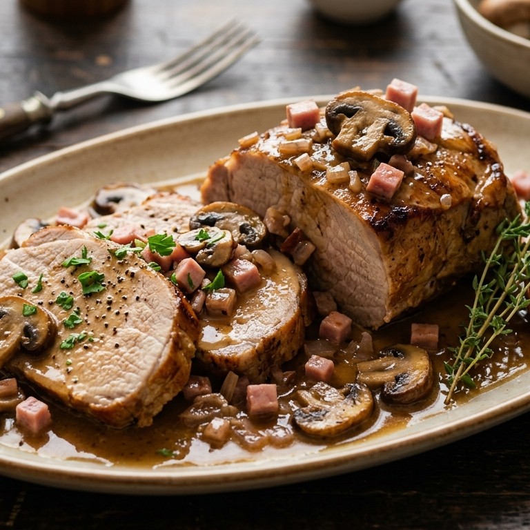 Fricandeau met champignons en hamblokjes recept