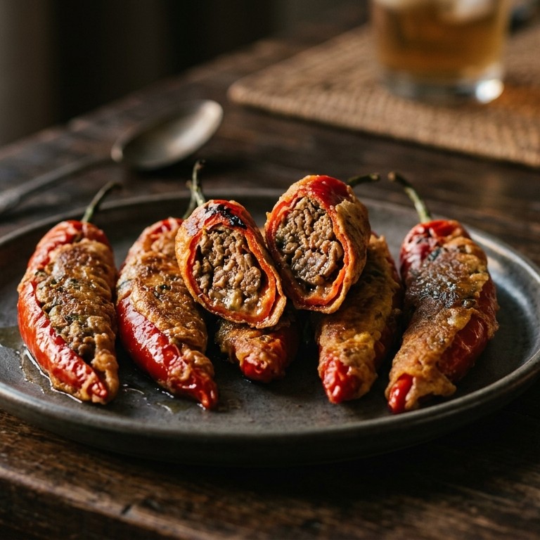 Frikadel cabe (gevulde pepers met gekruid gehakt) recept