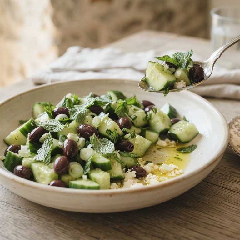 Frisse komkommersalade met zwarte olijven en munt recept
