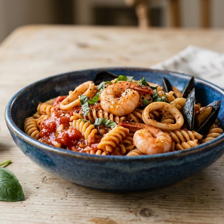 Fusilli met zeevruchten in napolitaanse saus recept