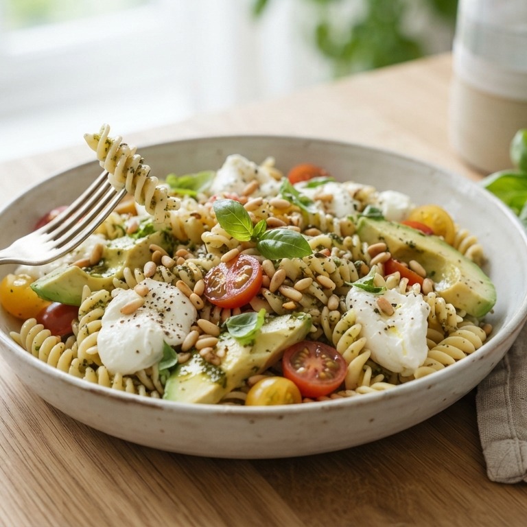 Fusillisalade met avocado en mozzarella recept