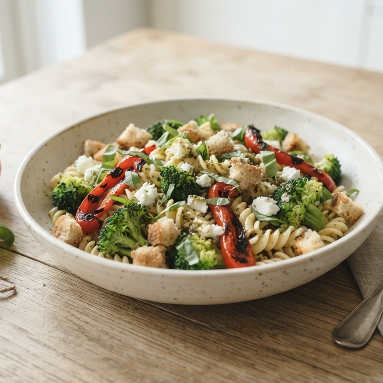 Fusillisalade met geroosterde paprika, broccoli en geitenkaas recept