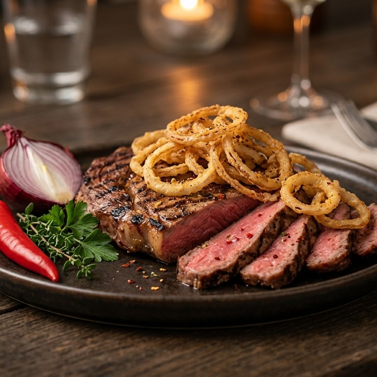 Gamarineerde entrecote met uienringen recept