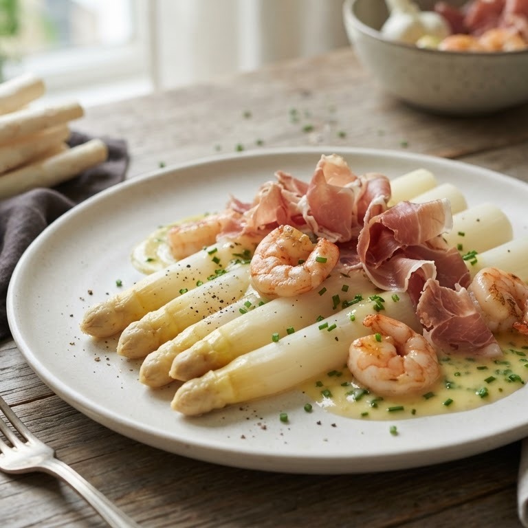 Gamba's met Hollandse asperges en serranoham recept