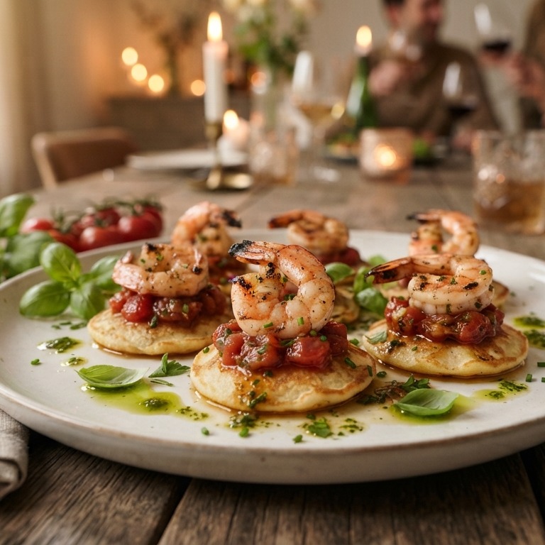 Gamba’s met Parmezaanse poffertjes, basilicumolie en tomatencompote recept