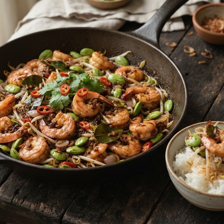 Garnalen, petehbonen en taugeh recept
