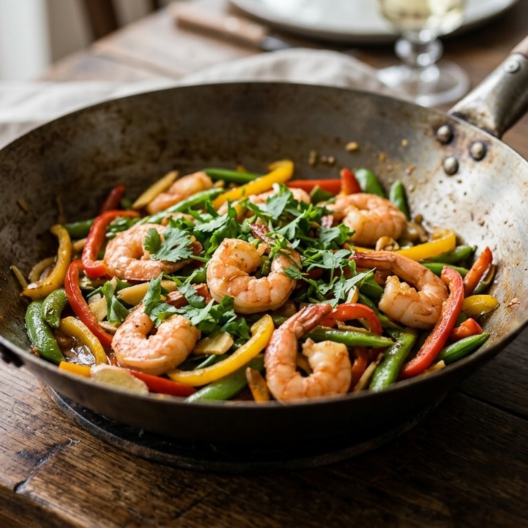 Garnalen uit de wok met paprika, sugar snaps en koriander recept
