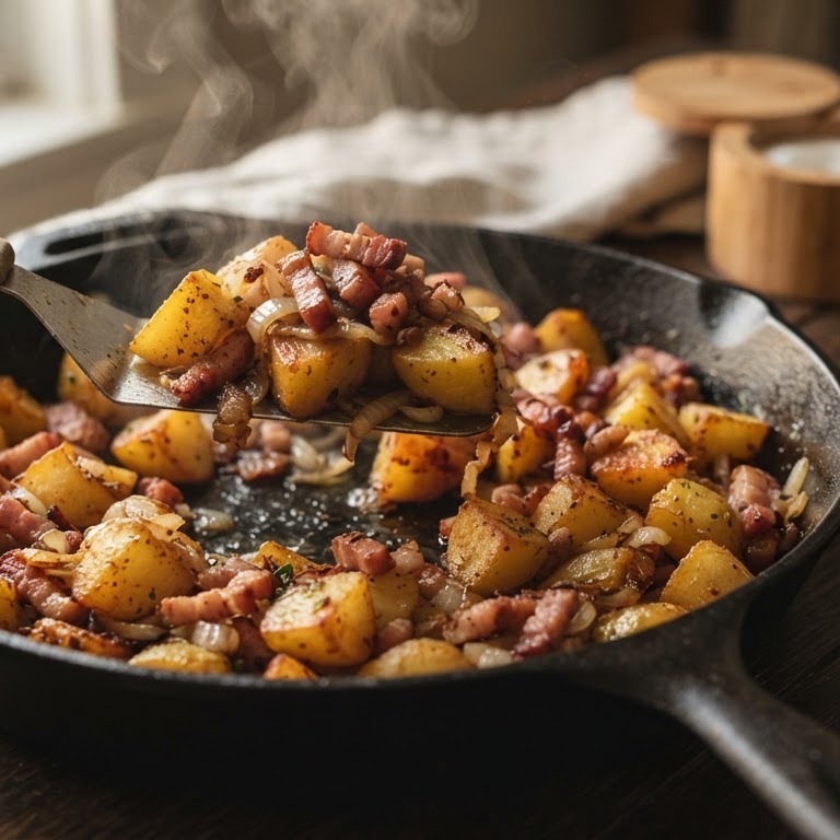 Gebakken aardappels met spek en uien recept