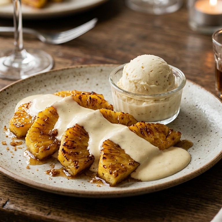 Gebakken ananas met ananasijs en mascarponesaus recept
