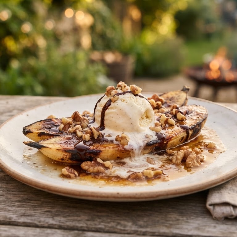 Gebakken banaan van de barbeque met rum en vanille ijs recept