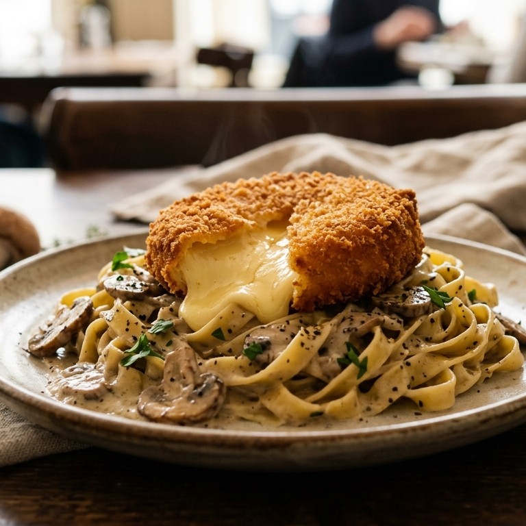 Gebakken brie met tagliatelle en een champignonroomsaus recept