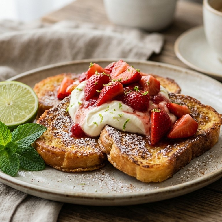 Gebakken brood met aardbeien en limoenmascarpone recept