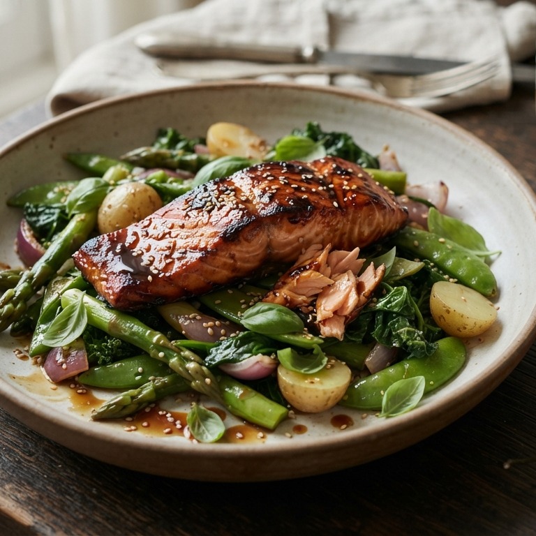 Gebakken groene salade met terriyaki zalm recept