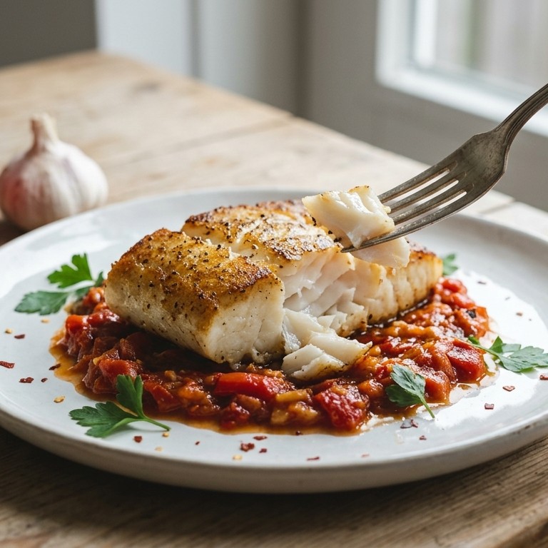 Gebakken kabeljauwfilet met pittige paprikasaus recept