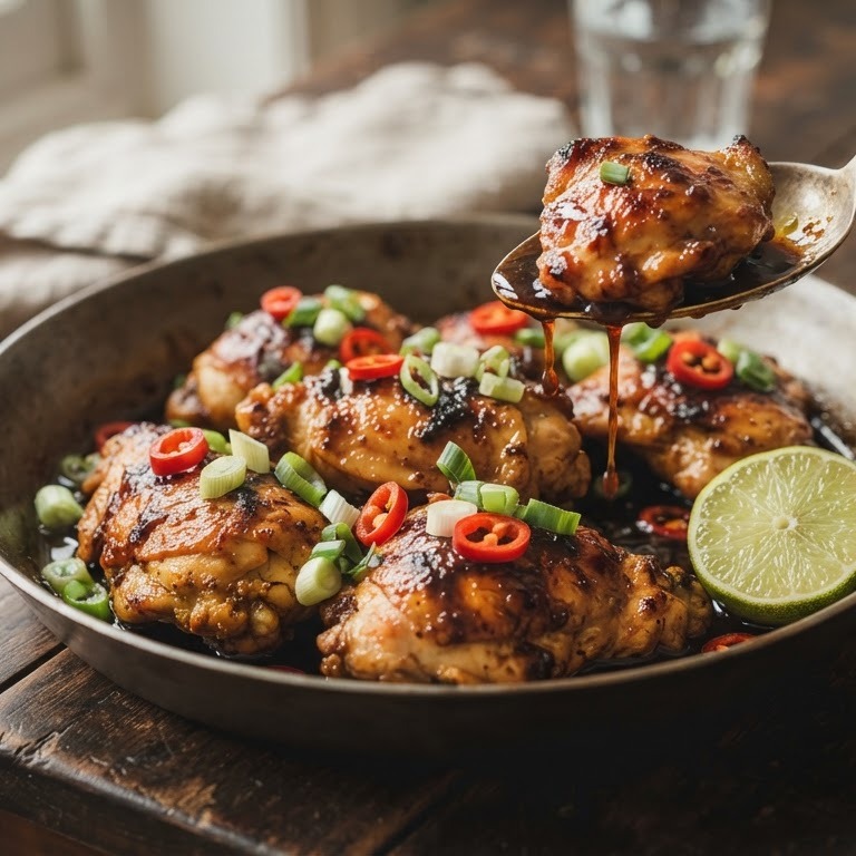 Gebakken kip in gekruide ketjapsaus recept