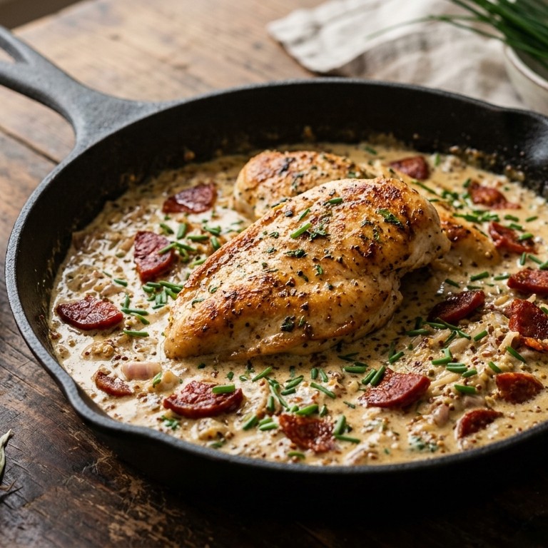 Gebakken kipfilet met chorizo in romige mosterdsaus recept
