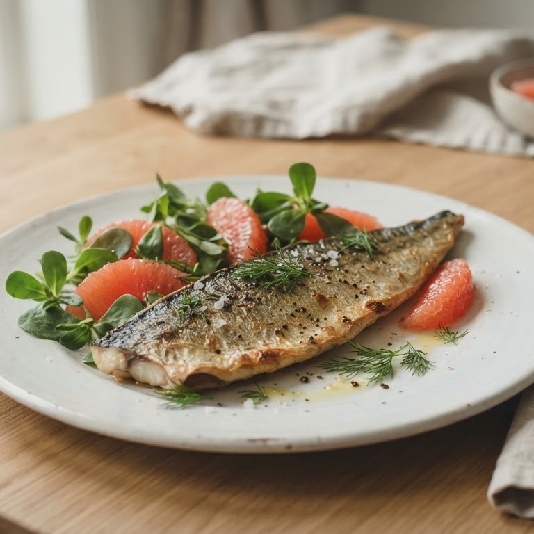 Gebakken makreelfilet met lamsoren en grapefruit recept
