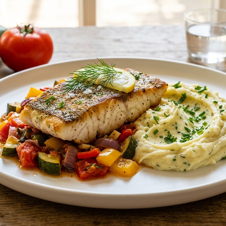 Gebakken nijlbaars met groente-ratatouille en aardappelpuree recept
