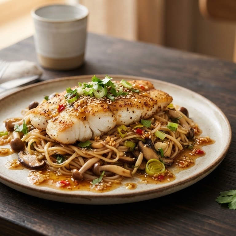 Gebakken pangasiusfilet met paddestoelen en mihoen recept