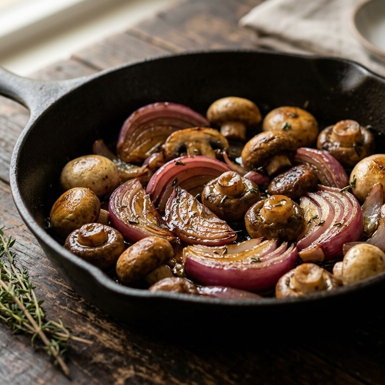 Gebakken rode ui met champignons recept