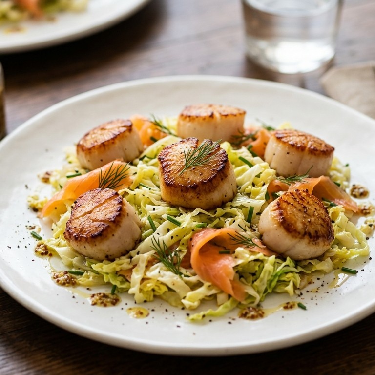 Gebakken St. Jakobsschelpen met kool en gerookte zalm recept