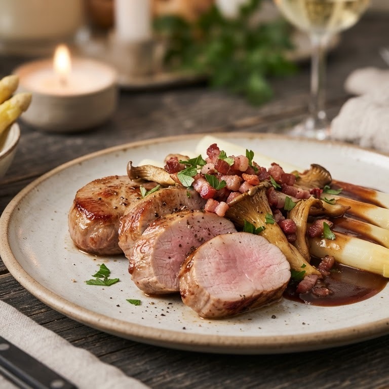 Gebakken varkensoesters, witte asperges, madeirasaus met oesterzwammen en gerookt spek recept