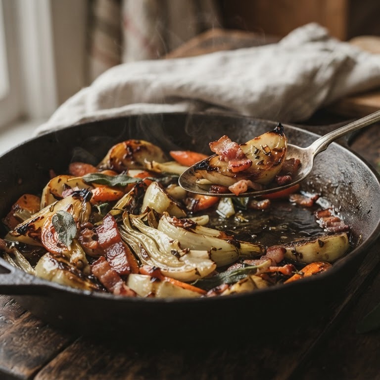 Gebakken wintergroenten met spekjes en kruiden recept