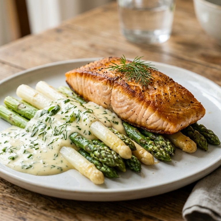 Gebakken zalm met asperges en een kruidenroomsaus recept