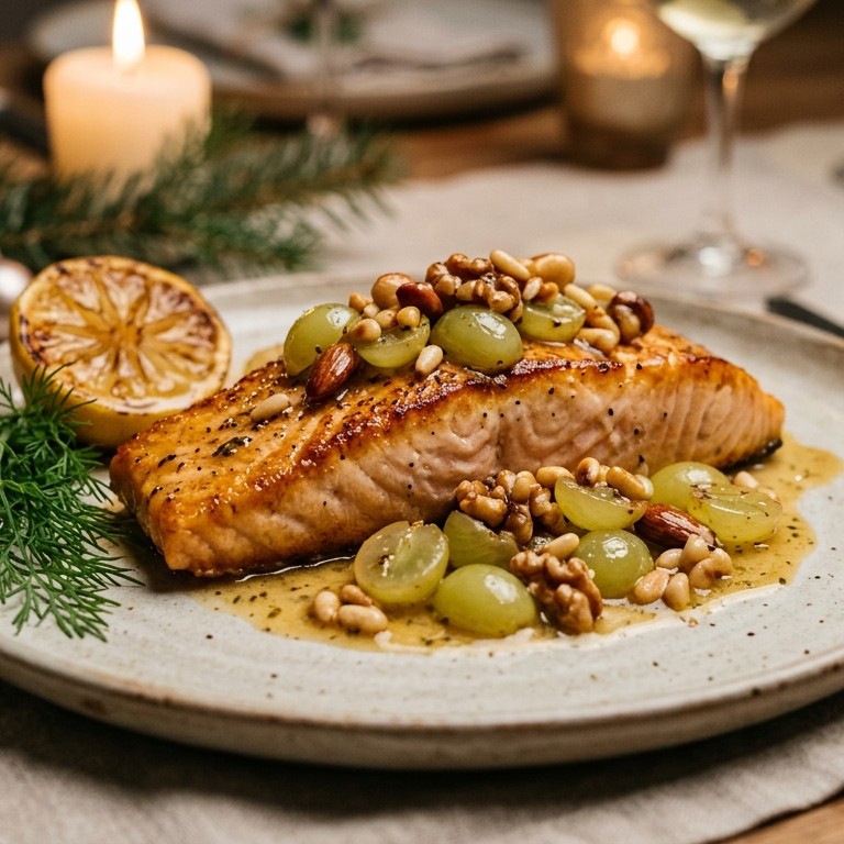 Gebakken zalmfilet met witte druiven en noten recept