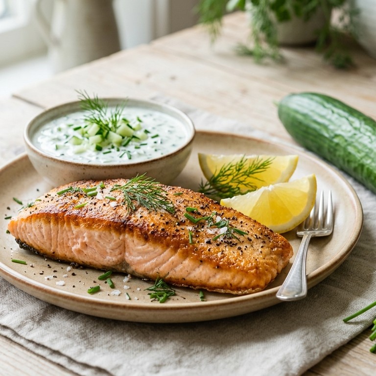 Gebakken zalmmoot met komkommeryoghurtsaus recept