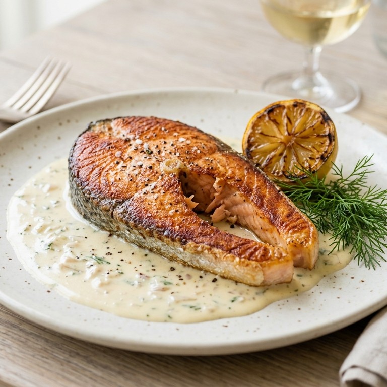 Gebakken zalmmoot met romige witte wijnsaus recept