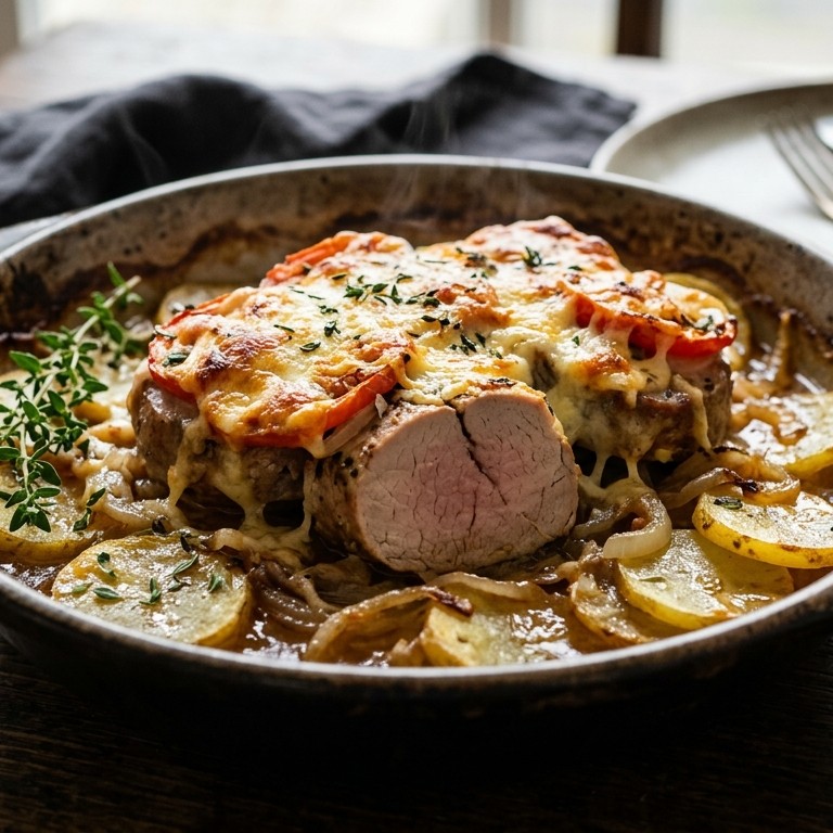 Gegratineerd varkenshaas op een aardappelbedje recept