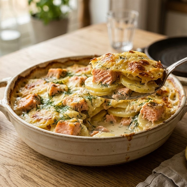 Gegratineerde aardappelen met zalm en dille recept