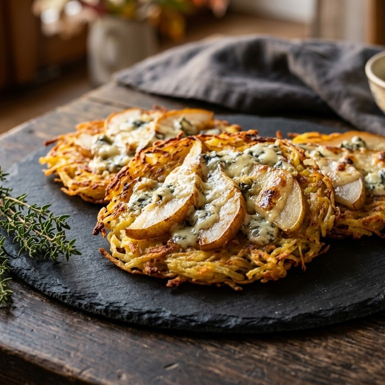Gegratineerde aardappelkoekjes met peer en kaas recept