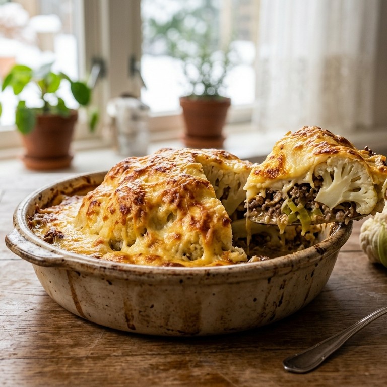 Gegratineerde bloemkoolo met gehaktsaus recept
