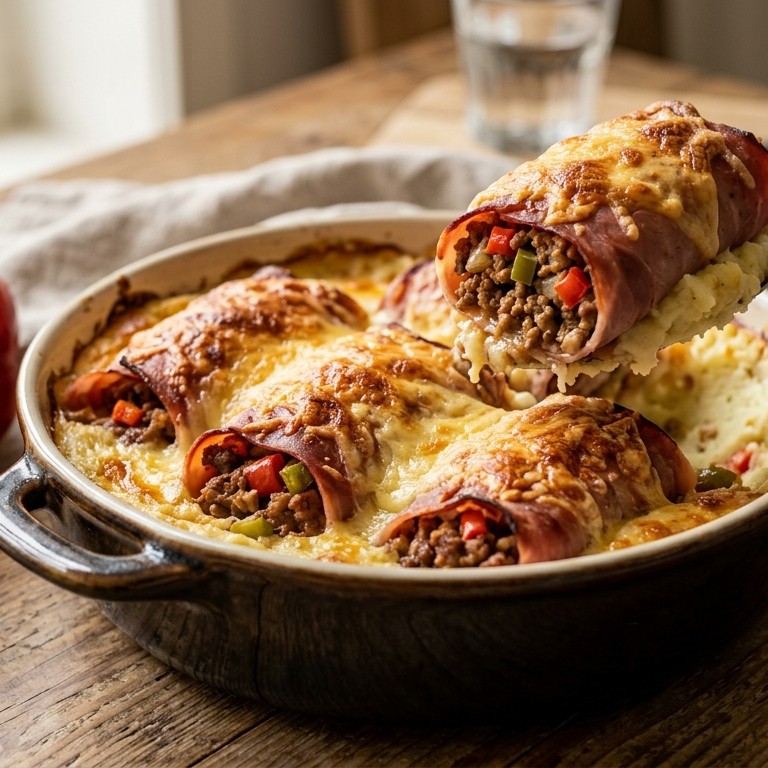Gegratineerde ham-gehaktrolletjes recept