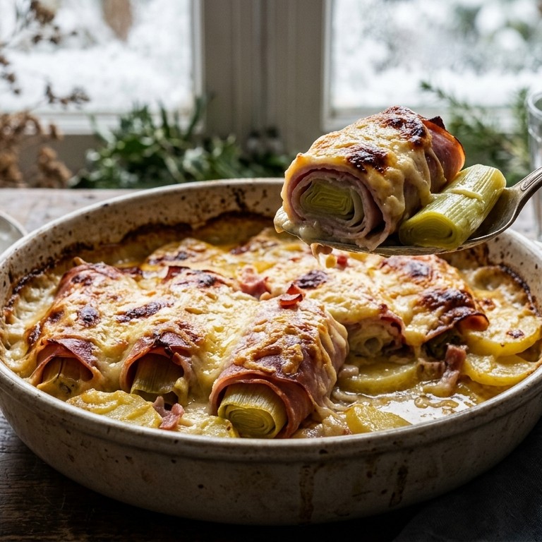 Gegratineerde ham-preirolletjes recept