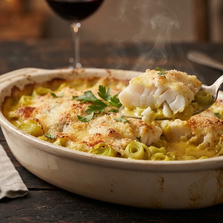 Gegratineerde kabeljauwschotel met prei recept
